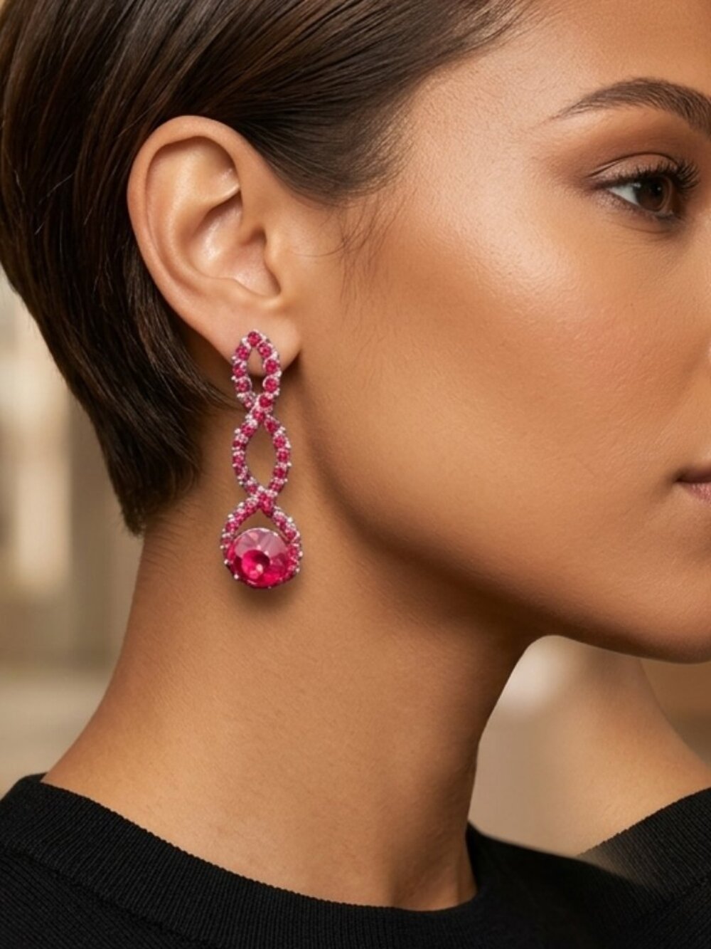 Radiant Fuchsia Red Rhinestone Infinity Drop Earrings